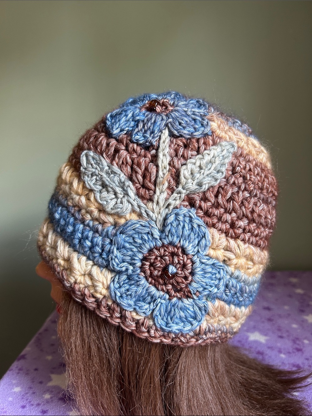 Handmade Crochet Floral Beanie - Blue, Brown & Cream medium cotton blend